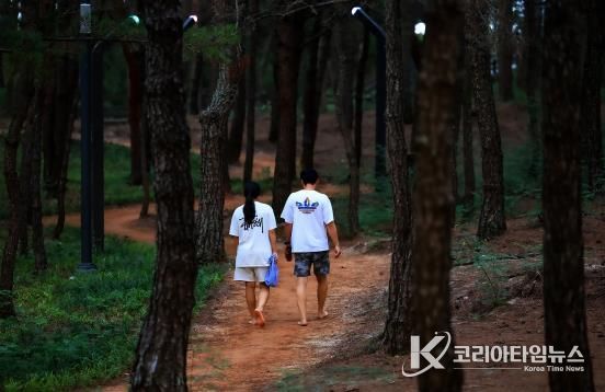 울진군, 단체 관광객에 관광버스 지원-관광객이 월송정 맨발걷기 중