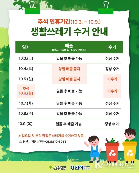 추석 연휴기간 쓰레기 관리대책