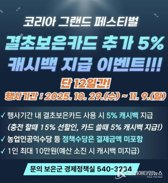 보은군, 결초보은카드 결제 시 5% 캐시백 제공