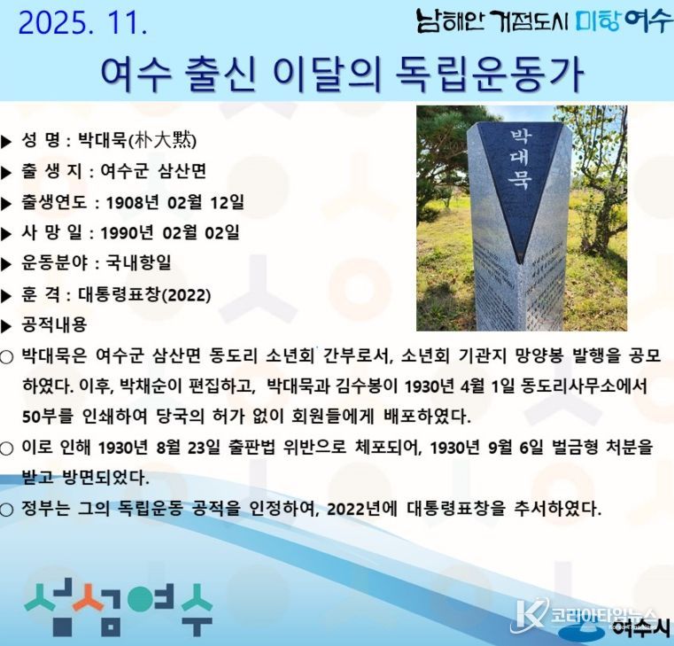 ‘2025년 11월 여수 출신 이달의 독립운동가’ 홍보 포스터