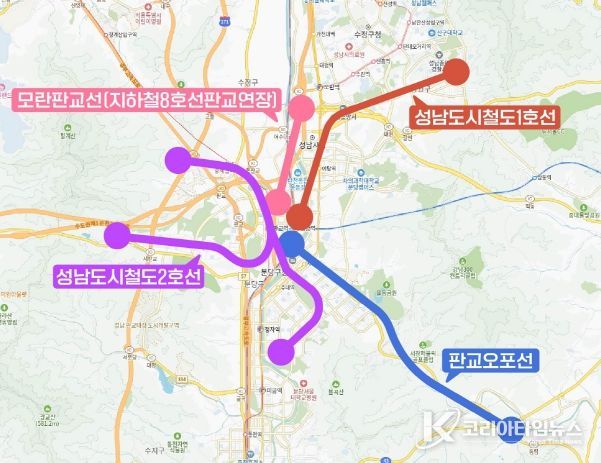 경기도 도시철도망 구축계획에 반영된 성남시 4개 도시철도 노선