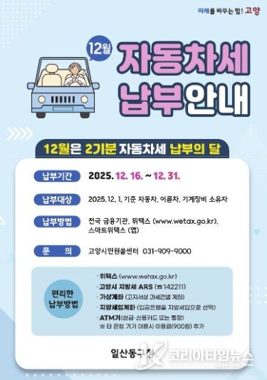 “12월은 자동차세 납부의 달”…고양시 일산동구, 고지서 발송