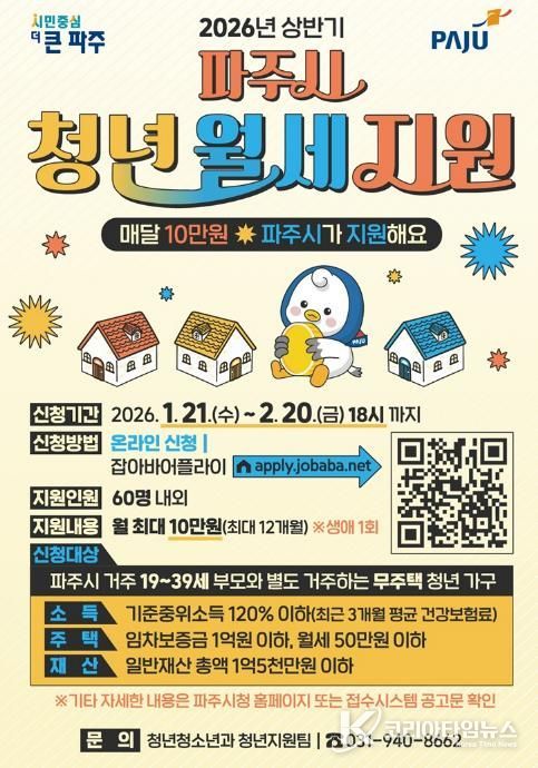 파주시, 청년 월세 지원 확대… 연 최대 120만 원 지원
