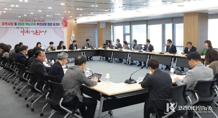 박희조 동구청장이 공약사업 및 핵심과제 추진상황 보고회에서 발언하고 있다