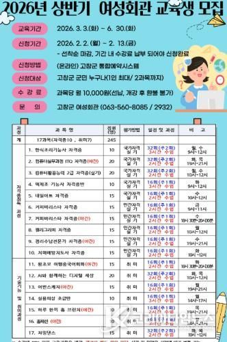 고창군, 2026년 상반기 여성회관 교육 수강생 모집