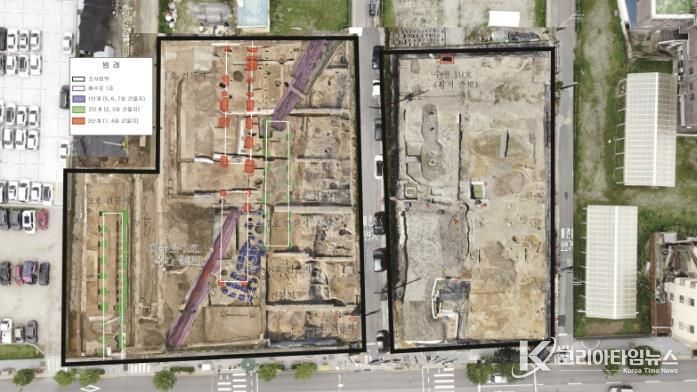부여 관북리 유적 발굴지 전경(악기출토_수혈 19호, 목간출토_배수로1호와 수혈19호).
