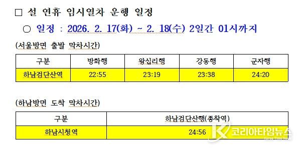 설 연휴 5호선 연장운행 시각표