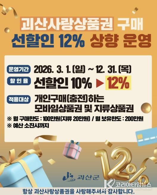 괴산군, 괴산사랑상품권 선할인율 12% 전격 상향...지역경제 활력 제고