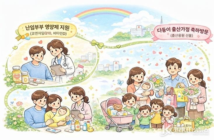 난임부부 지원부터 출산 이후 건강관리, 다자녀 가정 축하 방문까지 경주시의 출산 전주기 지원 정책을 표현한 일러스트.