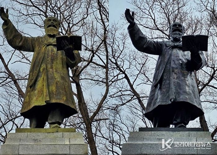 황성공원 내 최시형 선생 동상이 정비 전(왼쪽)과 정비 후 모습. 경주시는 오염 제거와 보호제 도포를 통해 동상의 원형을 회복하고 보존성을 강화했다.