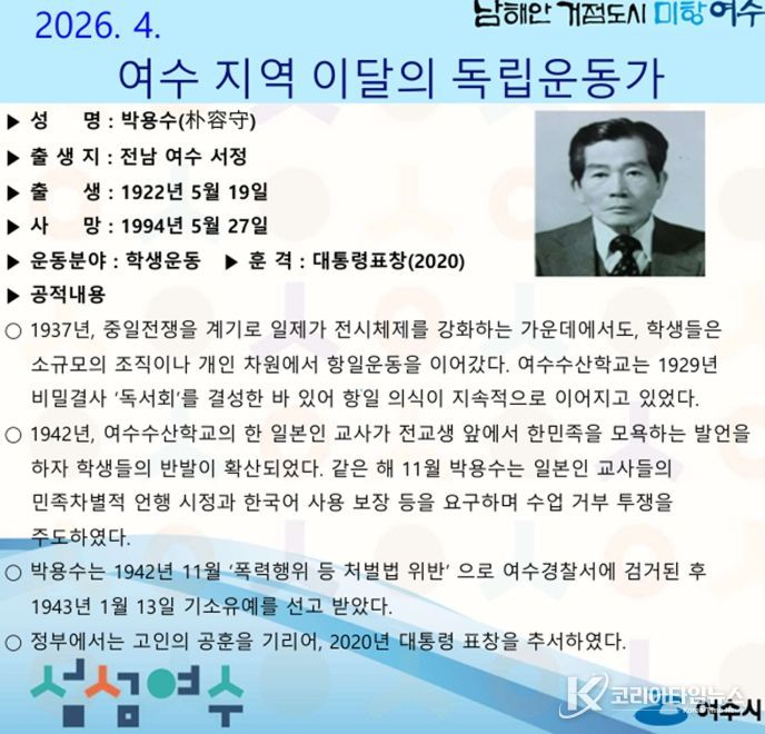 2026년 4월의 독립운동가 ‘박용수(朴容守)’ 선생 선
